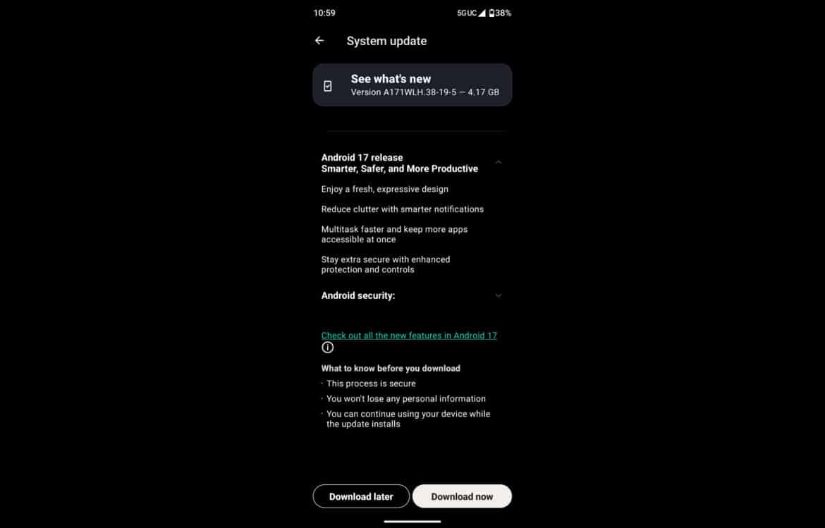 8d3548f5_002 Екрана Android 17 з описом системного оновлення для Motorola, версія A171WLH.38 розміром 4,17 ГБ
