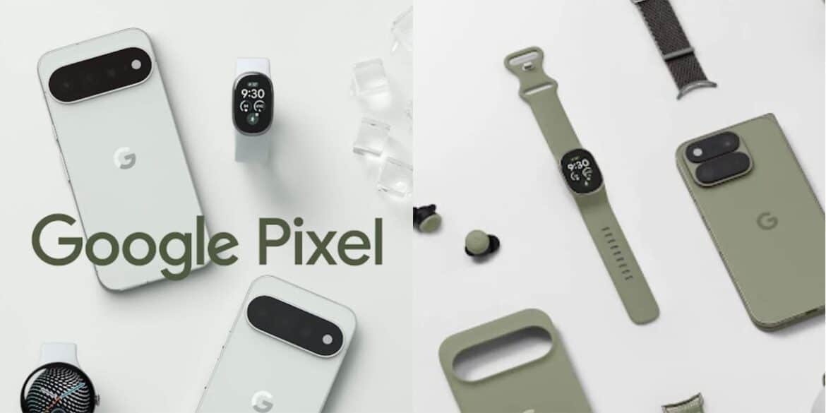 Google Pixel смартфони та аксесуари в білому та оливковому кольорі на столі
