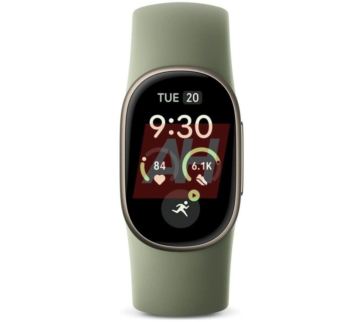 Fitbit Edge в оливковому кольорі головою вгору, видно овальний екран з прикладом циферблата