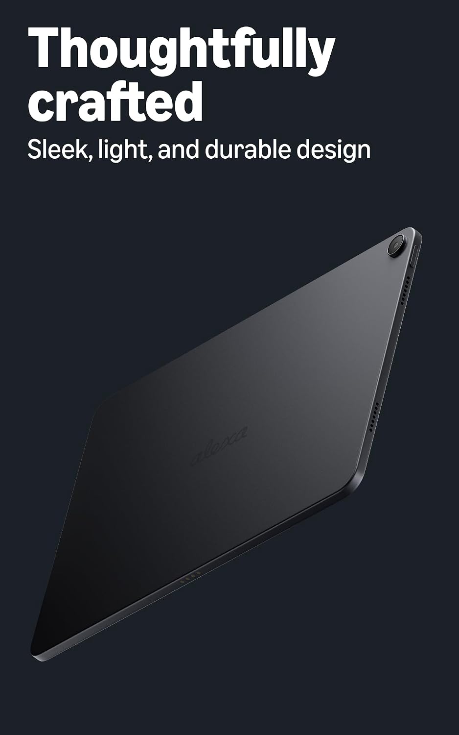 Задня панель планшета Amazon Alexa Tablet 12 Pro чорного кольору, що показує його тонкий дизайн товщиною 6,5 мм