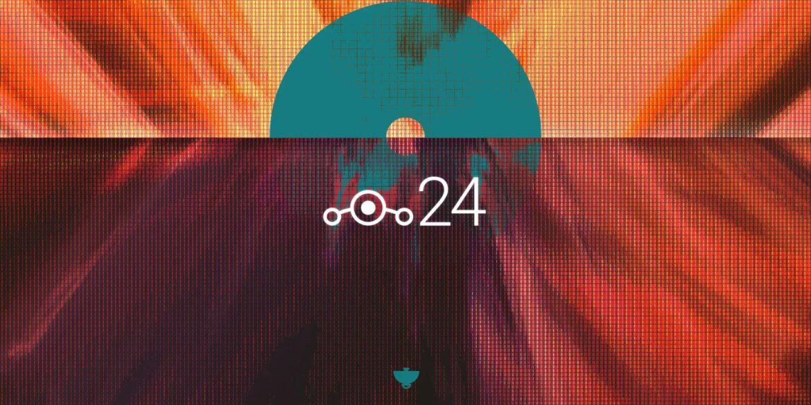Логотип LineageOS 24 з бірюзовим диском та текстом на градієнтному оранжево-червоному фоні
