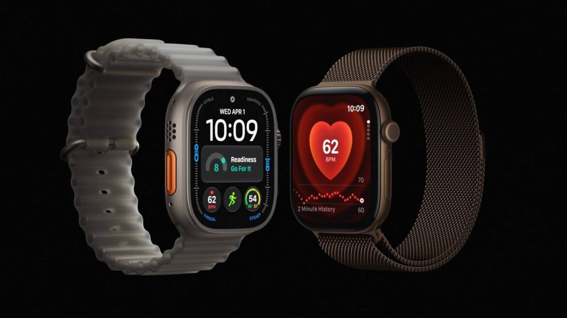 Apple Watch Series 12 з білим ременцем і Ultra 4 з сітчастим браслетом, що демонструють дизайн моделей зі скаргами на