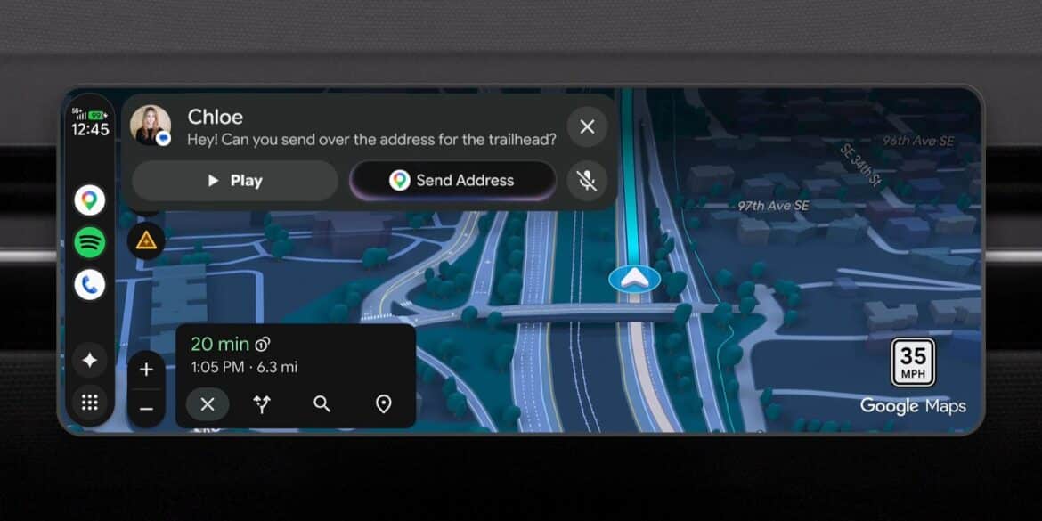 Android Auto з повідомленням від контакту Chloe про адресу маршруту та картою Google Maps з інформацією про час в дорозі