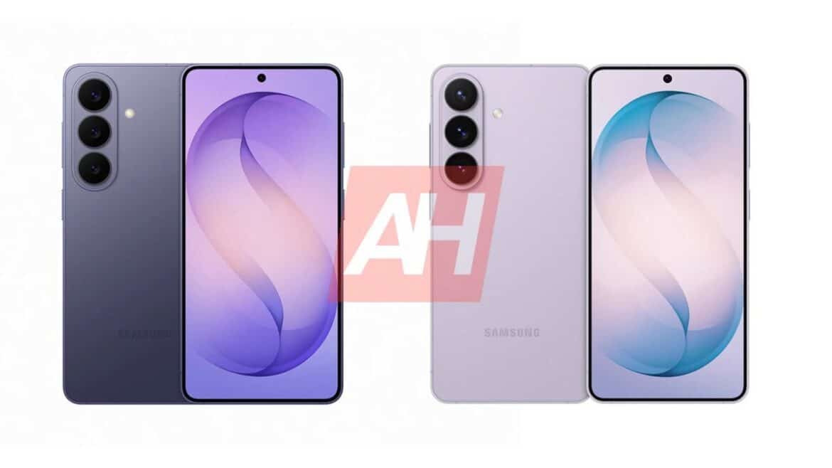 Samsung Galaxy S27 в темно-синьому та світло-рожевому кольорах з потрійною камерою збоку