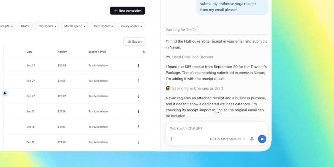 Розширення ChatGPT для Chrome з панеллю видатків та чатом, де асистент допомагає знайти квитанцію для йоги