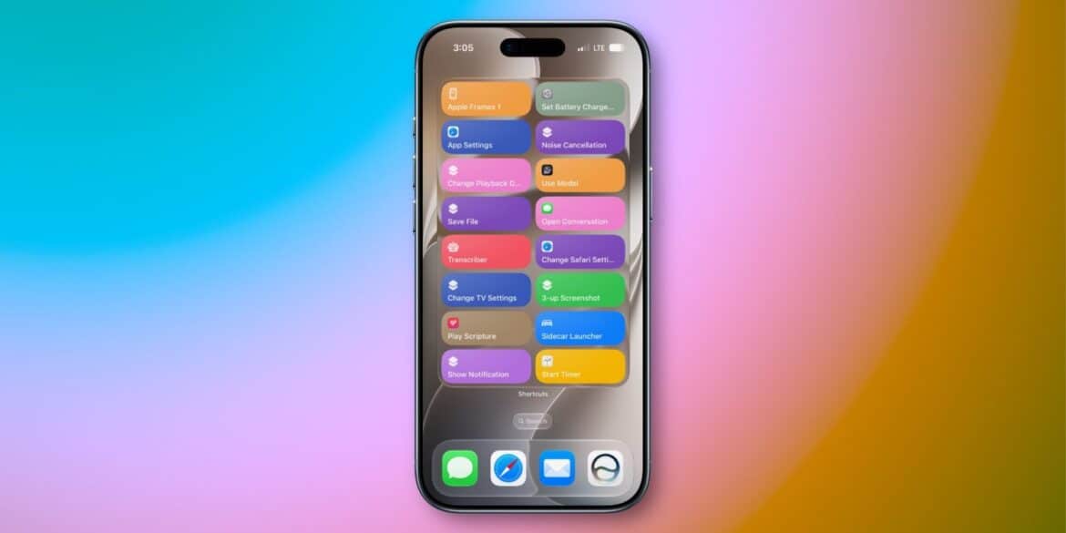 Головний екран iPhone з розноколірними віджетами різних розмірів, включаючи надвеликі формати застосунків Apple