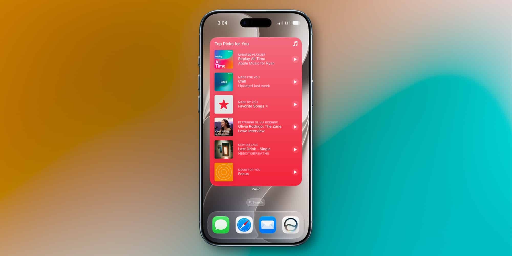 Великий віджет застосунку Music на весь екран iPhone, що показує список рекомендованої музики в форматі 4×6 комірок
