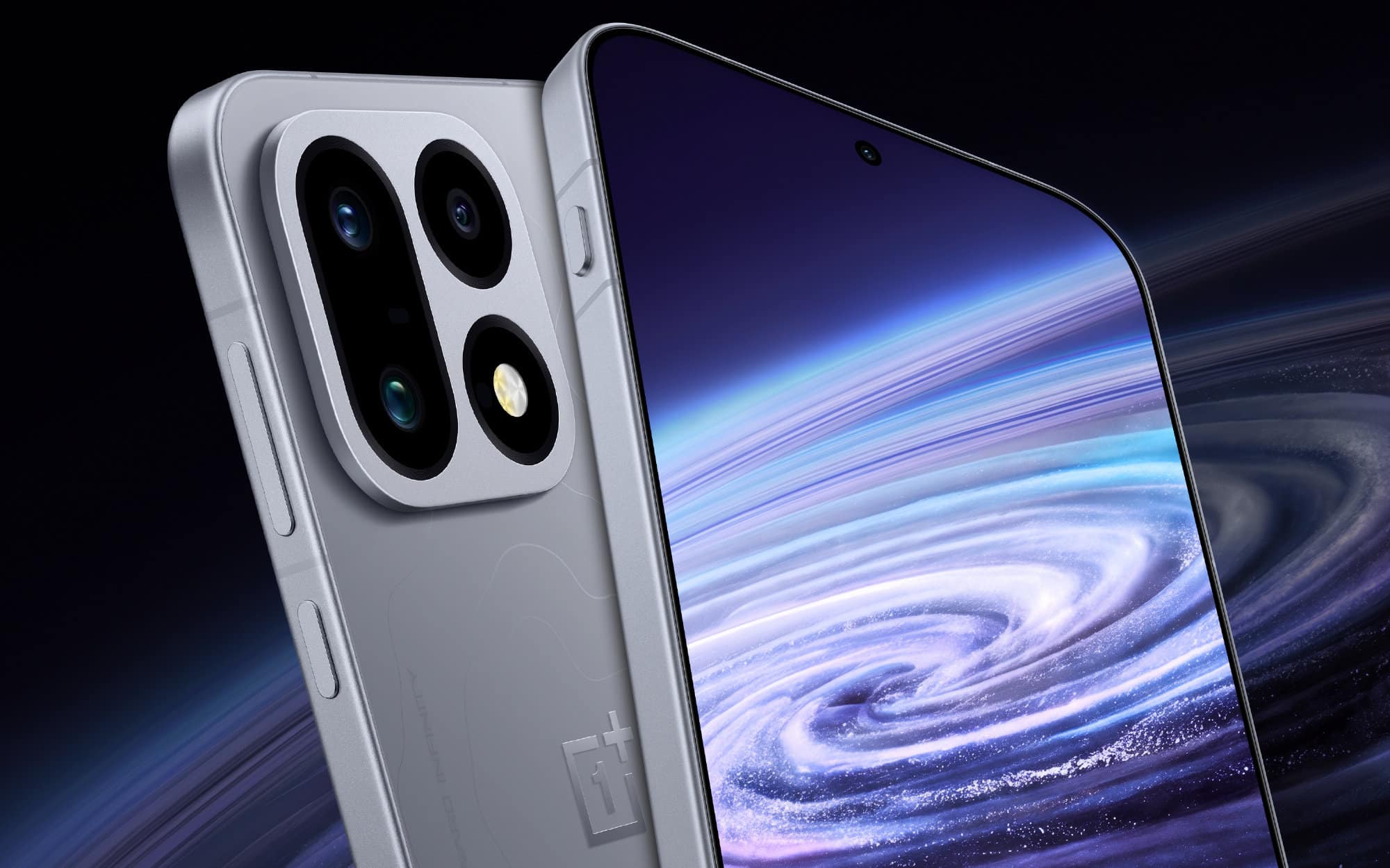 Смартфон OnePlus із квадратним модулем чотирьох камер і дисплеєм з космічним зображенням спіралі