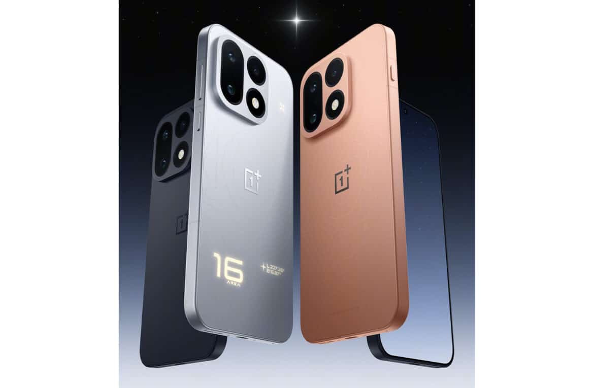 Три моделі смартфонів OnePlus у чорному, сріблястому та коричневому кольорах з позначкою «16» на одному з них