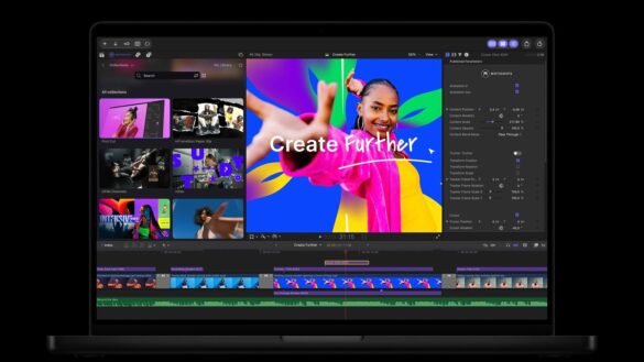 Екран MacBook з Final Cut Pro: кадр із усміхненою жінкою в рожевому одязі та написом Create Further на яскравому фоні