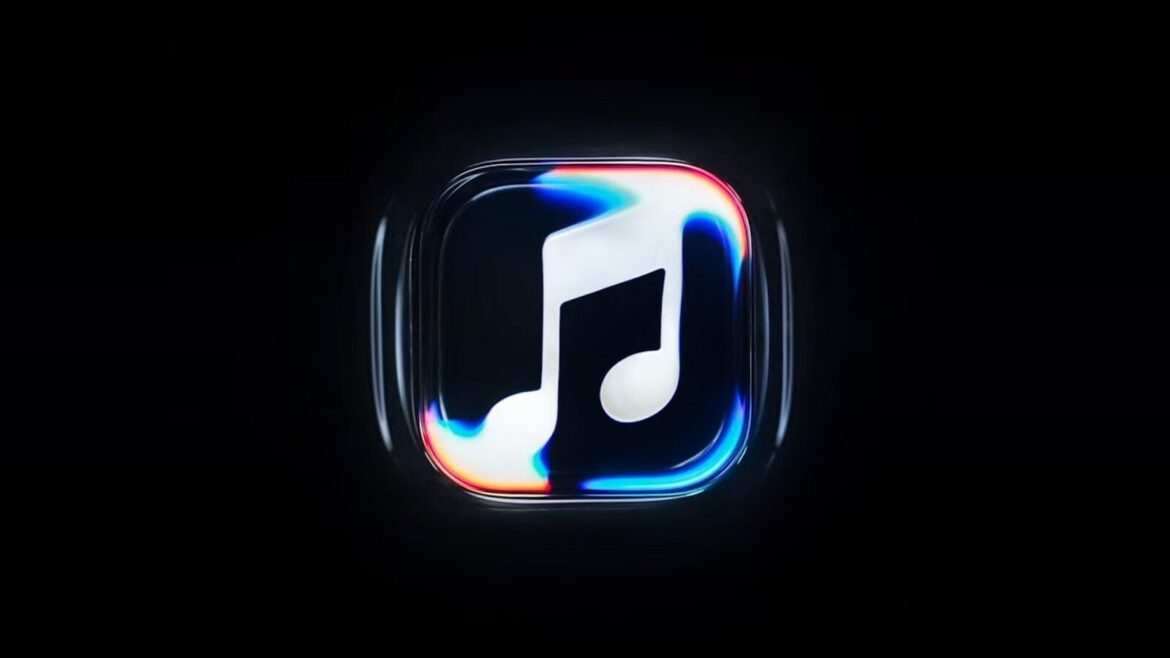 Логотип Apple Music: біла нота на скляній плитці з синіми та помаранчевими відблисками на чорному тлі