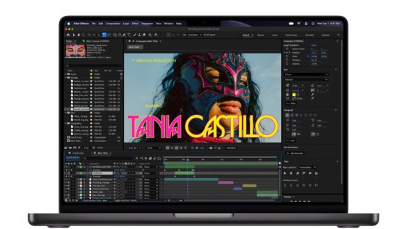 MacBook Pro з відкритою програмою After Effects: на екрані монтажний проєкт із кадром людини в рожевій масці та яскравими