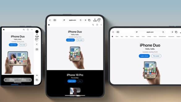 Макети складаного iPhone Duo із Safari на вузькому зовнішньому екрані та на розгорнутому дисплеї