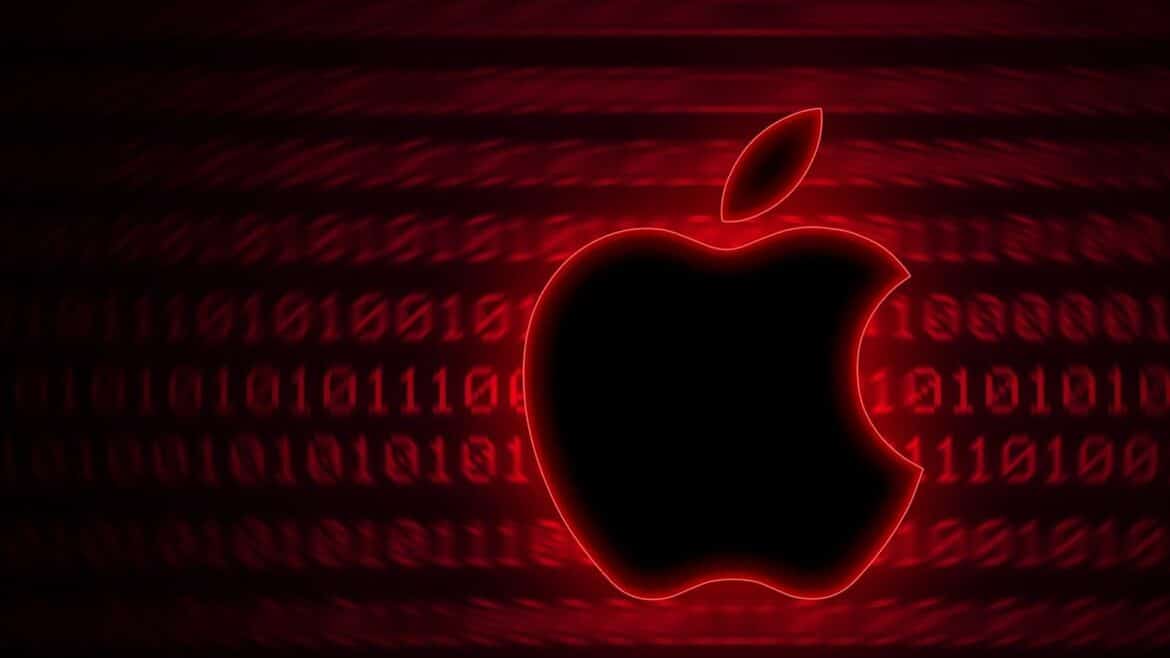 Логотип Apple з червоним неоновим контуром і чорною заливкою на тлі червоного потоку двійкового коду