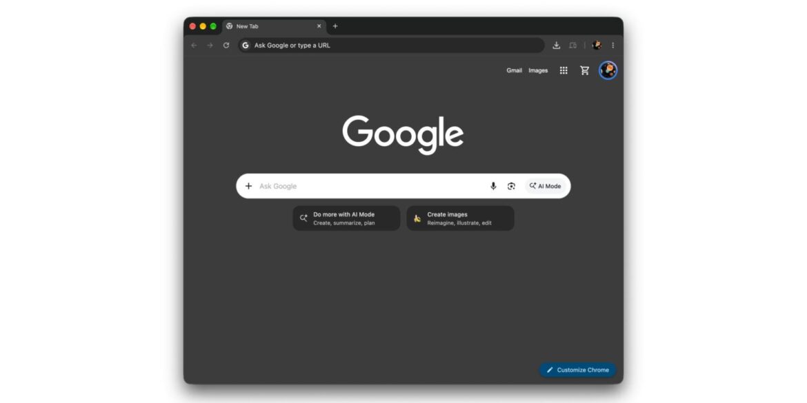 Google Search на комп'ютері з темною темою та кнопками AI Mode і Create images