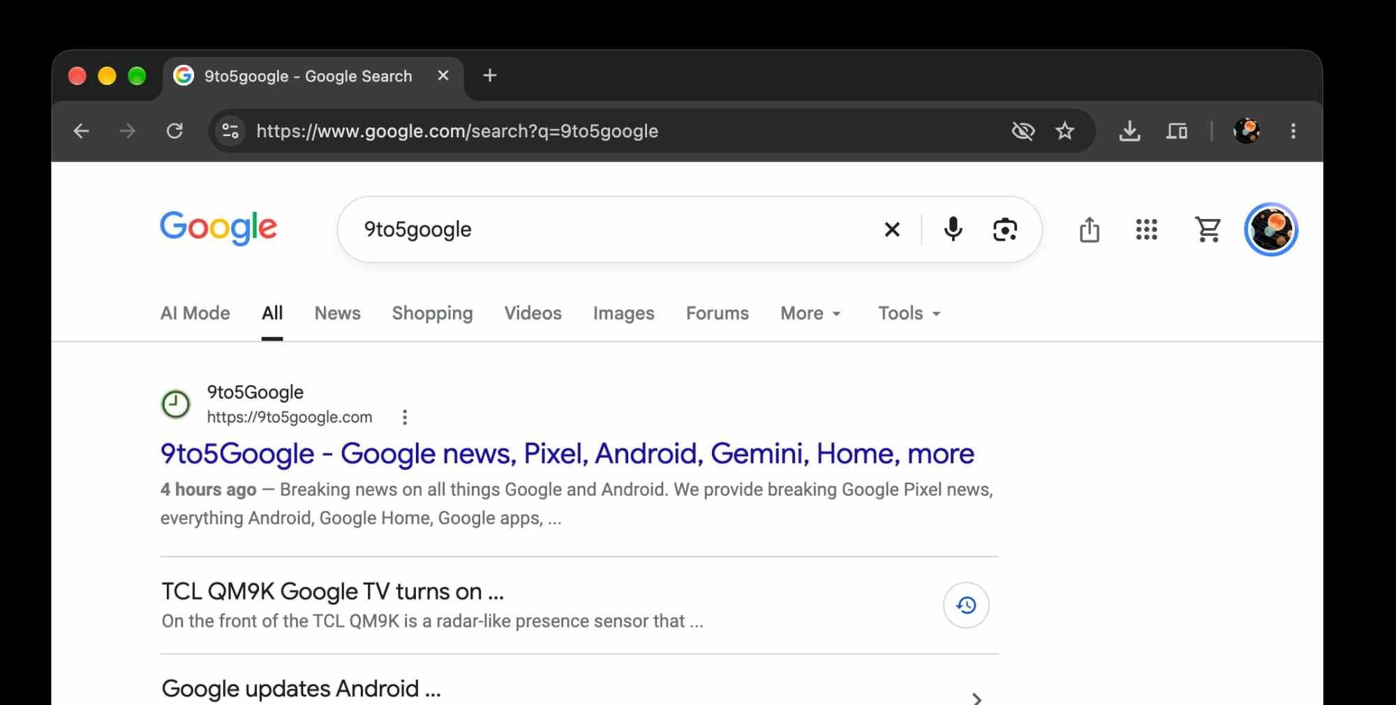 Результати пошуку за запитом 9to5Google в браузері з першим результатом про новини Google та Android