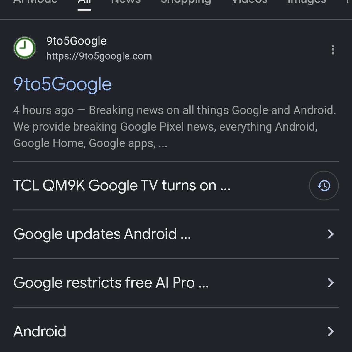 Мобільний пошук 9to5Google у додатку з результатами статей про новини Google та Android