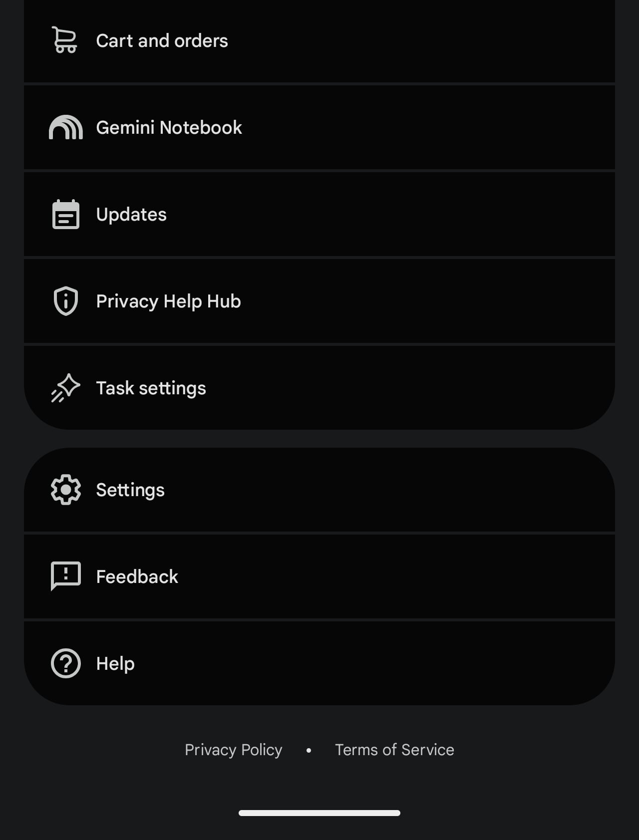 Меню акаунту в Google з опціями Cart and orders, Gemini Notebook, Updates та Settings