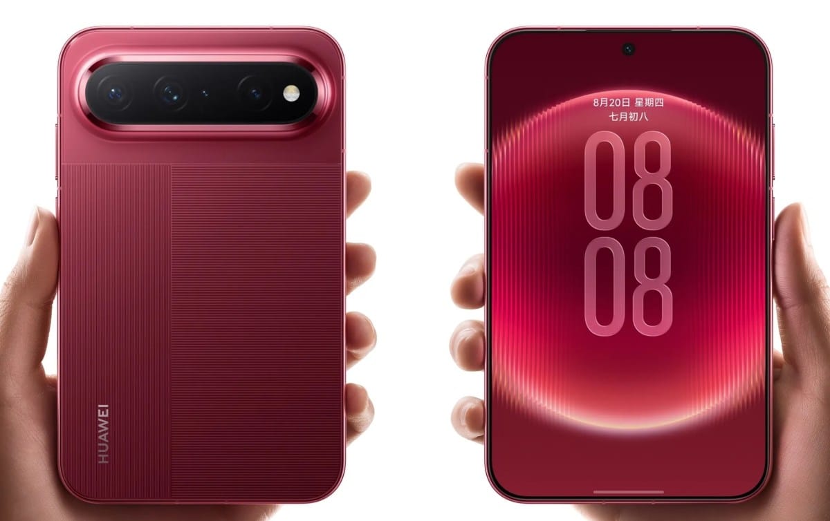 Бордовий смартфон Huawei з квадратним блоком камер (вид ззаду) та його передня частина з червоним дисплеєм, тримані в руках