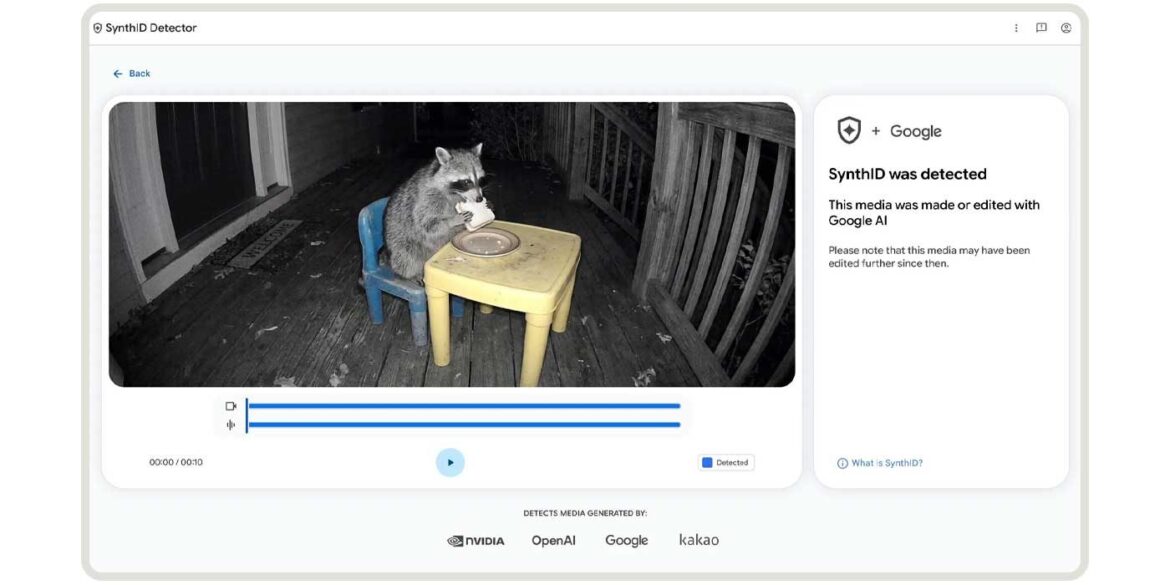 Інтерфейс детектора SynthID від Google з відео спостереження, де видна енергозалежна камера з твариною у кімнаті, та