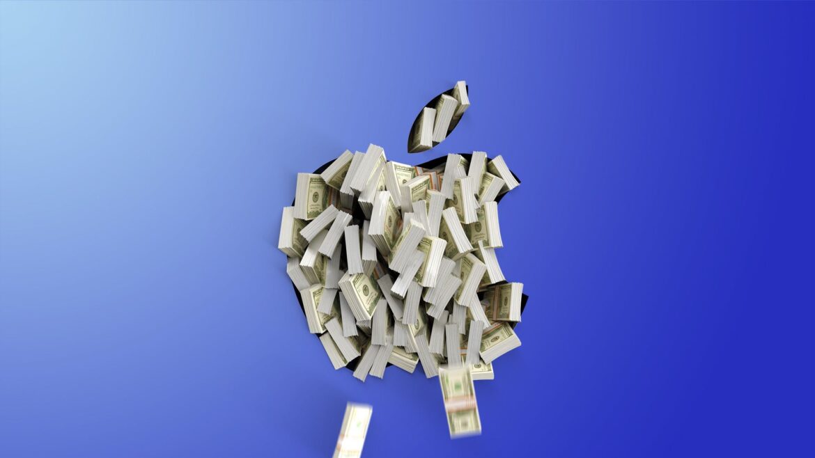 Пачки доларів падають на фоні логотипу Apple, символізуючи падіння вартості акцій компанії через скорочення замовлень на