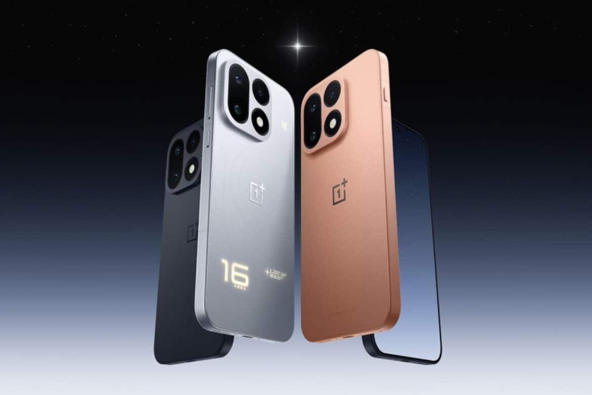 Три смартфони OnePlus 16 у різних кольорах - чорному, срібному та мідному - на темному фоні зі зоряним небом