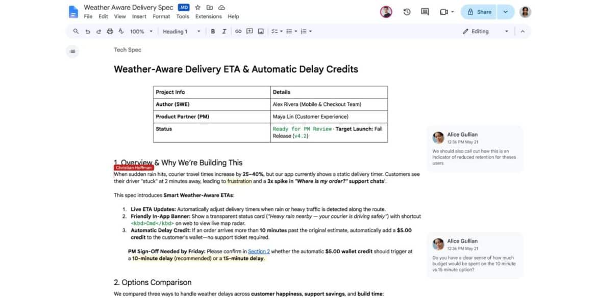 Документа Google Docs з технічною специфікацією проекту Weather-Aware Delivery ETA, що показує таблицю інформації про проект