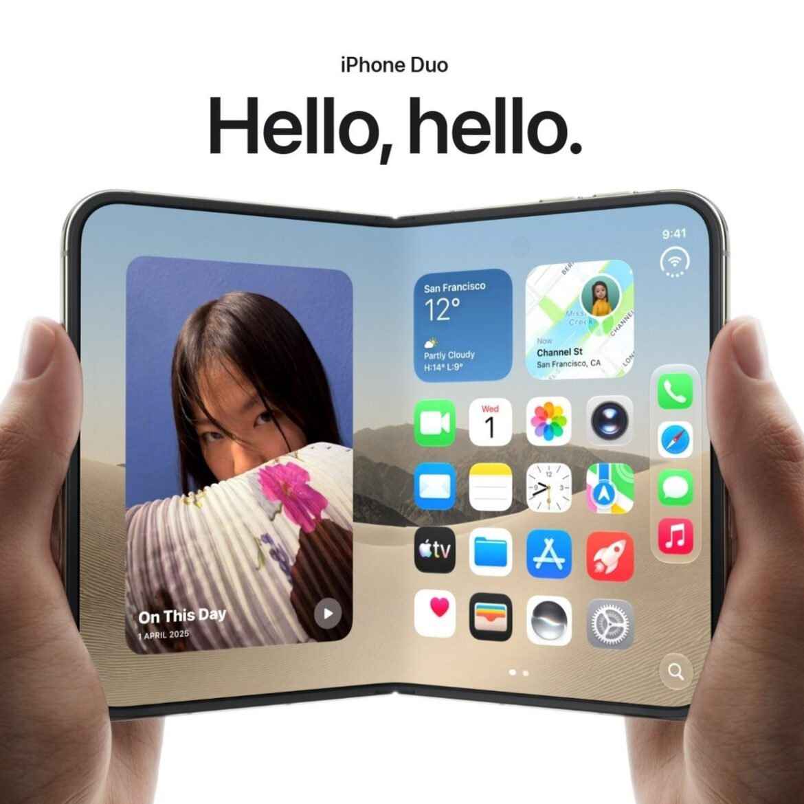 IPhone Duo складаний смартфон компанії Apple з текстом привіту, розкритий з двома екранами в руках користувача