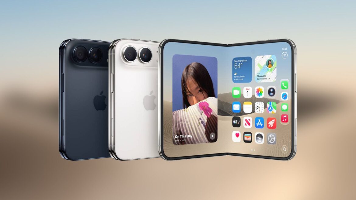 IPhone Duo у чорному та білому кольорах з розгорнутим екраном, на якому видно домашній екран iOS з піктограмами програм та