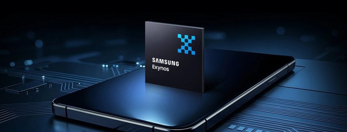 Логотип Samsung Exynos на чипі поверх смартфона з електронною схемою в тлі