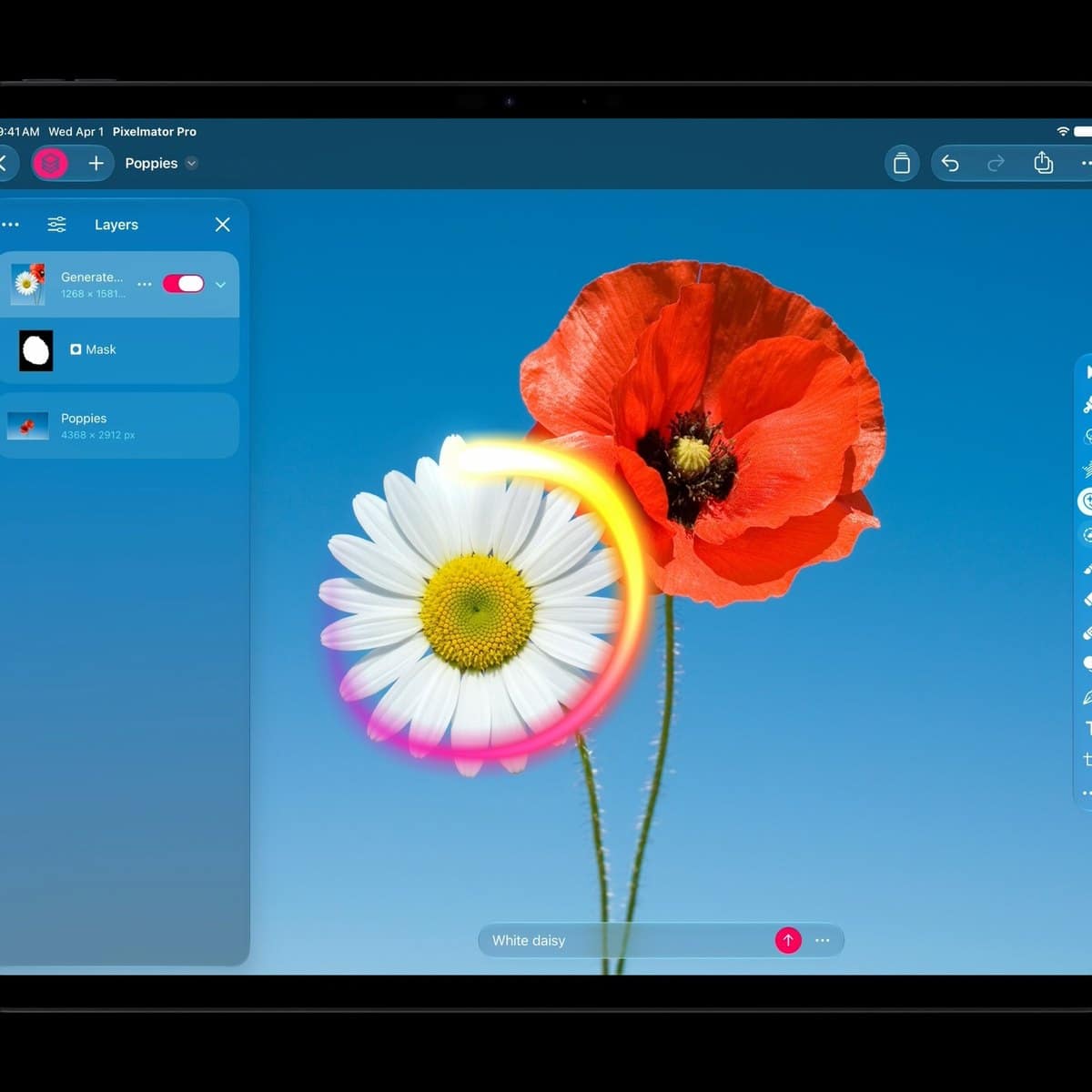 IPad з Pixelmator Pro: біла ромашка з жовто-рожевим світінням поруч із червоним маком на синьому небі, поруч панель шарів