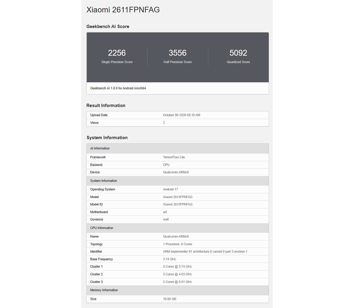 Результати тесту Geekbench AI для Xiaomi 2611FPNFAG із показниками 2256, 3556 та 5092 балів на Snapdragon 8 Elite Extreme Gen