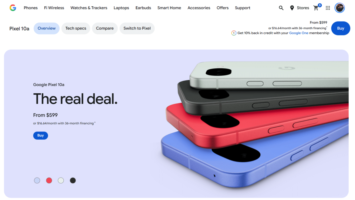 Google Store з моделями Pixel 10a в червоному, чорному, білому та синьому кольорах, з ціною від $599