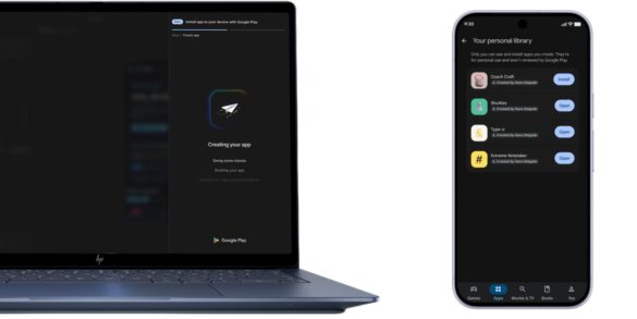 Ноутбук та смартфон демонструють інтерфейс Google Play з розділом особистої бібліотеки застосунків, створених через
