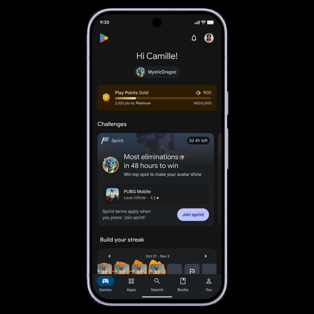 Екран смартфона з профілем користувача у Google Play, що показує балансу Play Points Gold, активні виклики та функцію Game