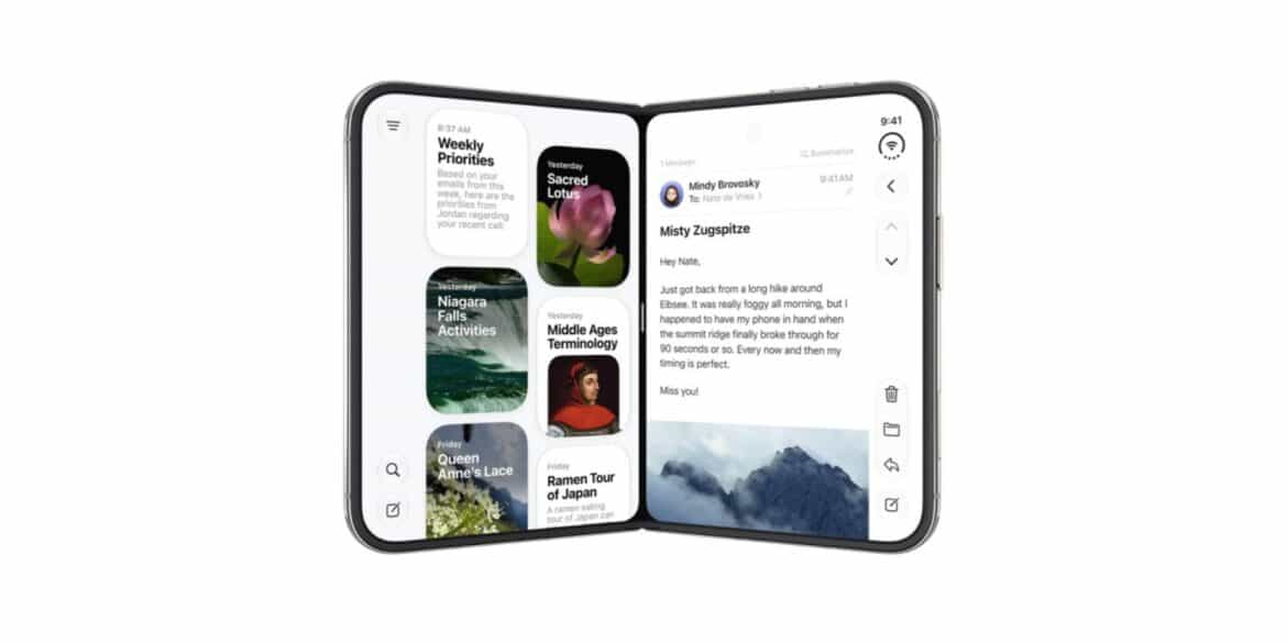IPhone Duo у розкритому стані з екранами, що показують контент: список тижневих пріоритетів, статті про подорожі та