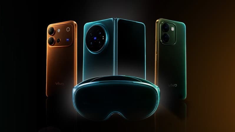 Три смартфони vivo X Fold6 у коричневому, бірюзовому та зеленому кольорах з MR-гарнітурою спереду на темному фоні