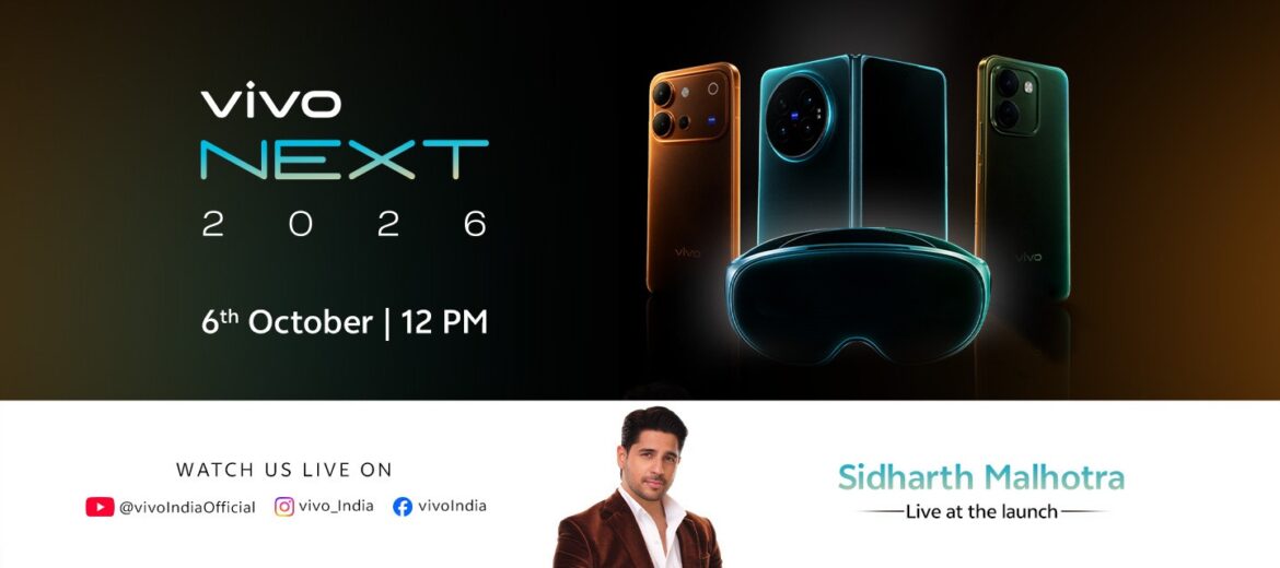 Постер презентації vivo NEXT 2026 від 6 жовтня з трьома смартфонами, MR-гарнітурою та портретом диктора заходу