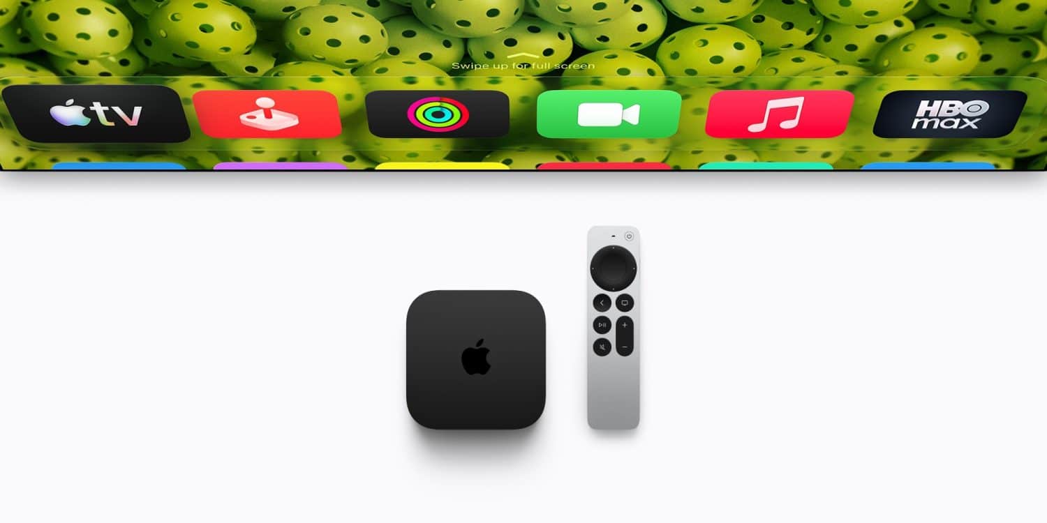 Новий Apple TV 4K та оновлений Siri Remote з іконками сервісів Apple TV, Fitness+, Control Center, FaceTime, Music та HBO Max