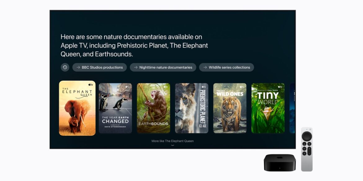 Екран Apple TV з переліком природних документальних фільмів від BBC Studios, включаючи «The Elephant Queen», «Earthsounds» та