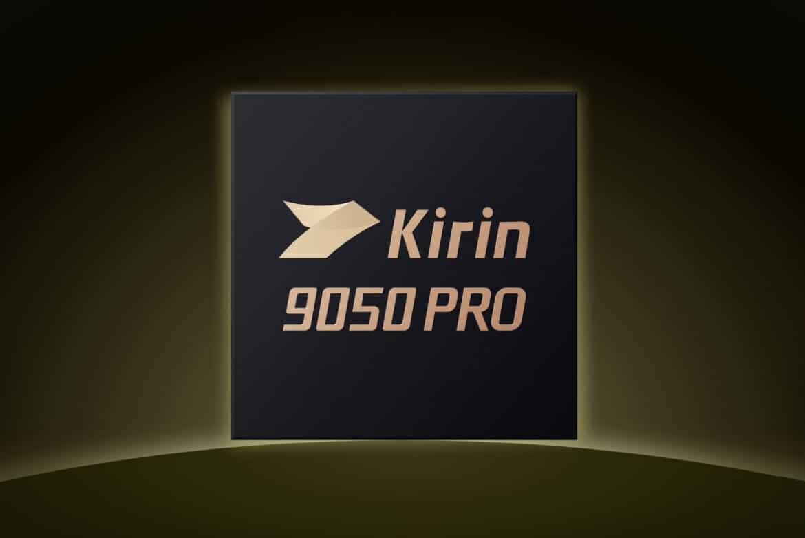 Логотип чипсета Kirin 9050 Pro від Huawei на темному фоні з золотистим підсвічуванням