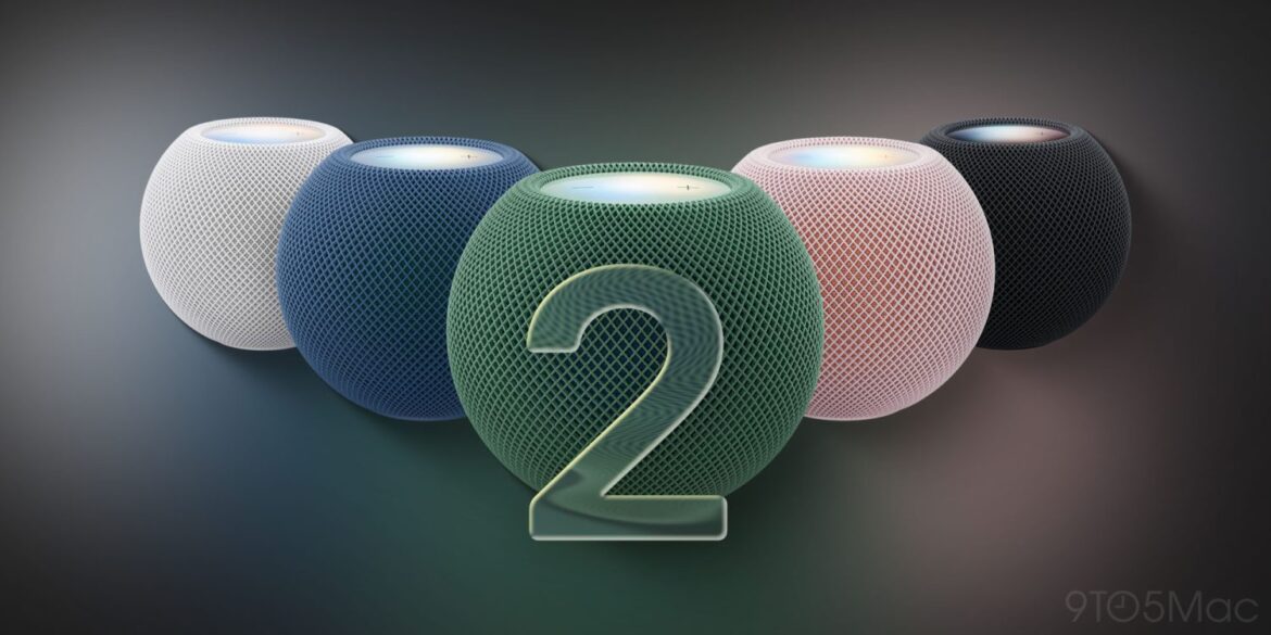 HomePod mini 2 в п'яти кольорах з цифрою 2 на зеленій моделі посередині