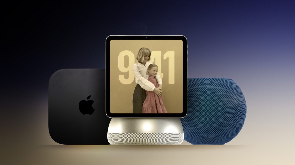 Три пристрої Apple на світлому фоні: Mac mini чорного кольору, HomeView із сенсорним дисплеєм з годинником та двома дітьми