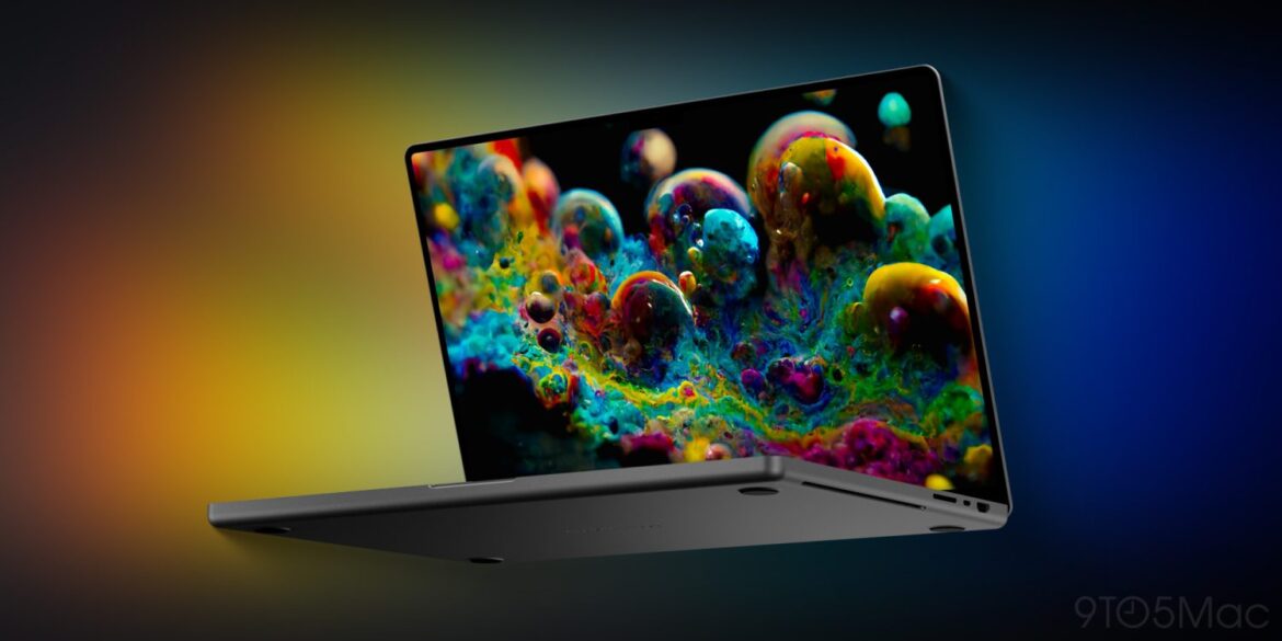 Відкритий MacBook Pro з OLED-екраном, на якому відображається абстрактна анімація з різнокольоровими сферами та частинками на