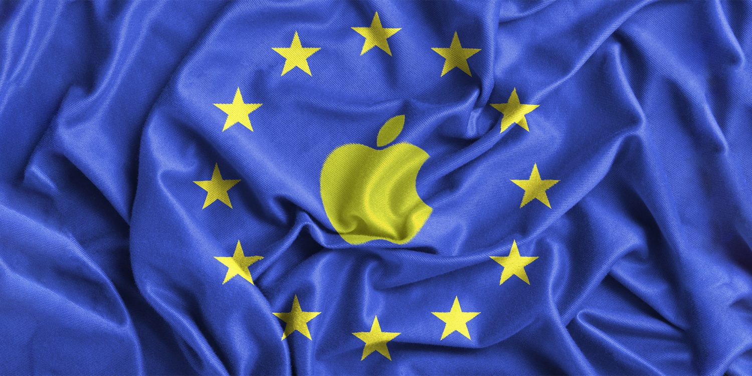 Прапор Європейського Союзу з жовтими зірками на синьому фоні та логотипом Apple жовтого кольору в центрі