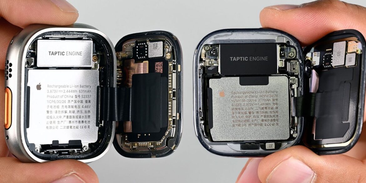 Розібрані Apple Watch Ultra 4 і Series 12 з видимими акумуляторами, Taptic Engine та внутрішніми компонентами під час