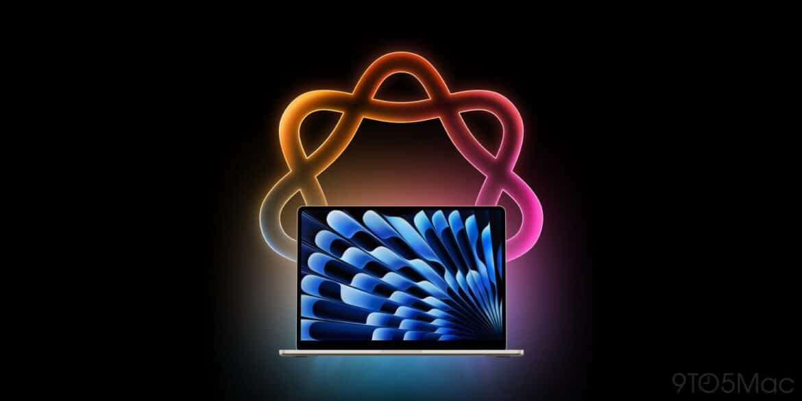 Ноутбук Mac із світлястим логотипом Apple Intelligence у вигляді нескінченності над екраном на темному тлі