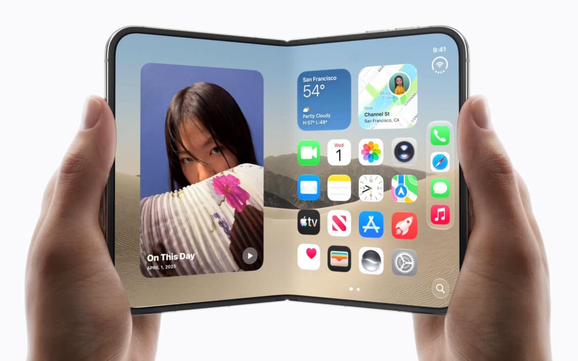 Складаний смартфон iPhone Duo з розгорнутим екраном у руках користувача, на якому видно домашній екран з іконками застосунків