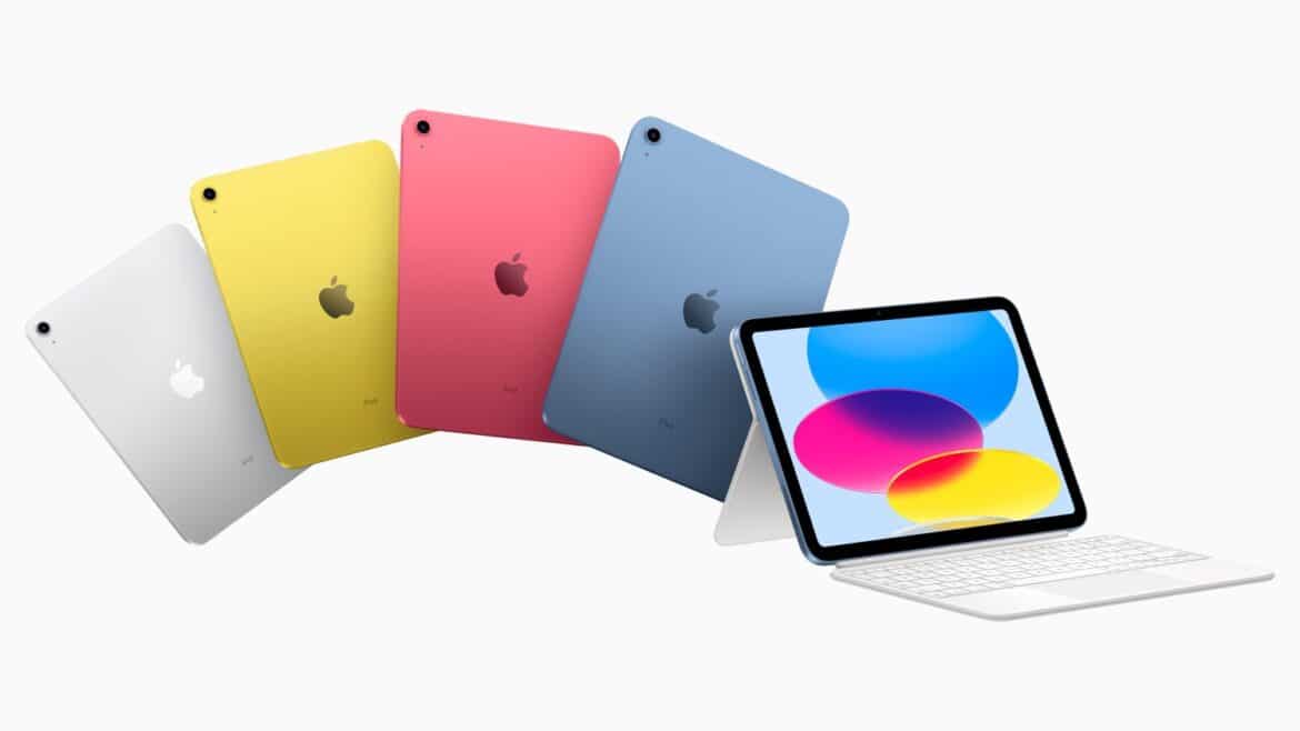 IPad у різних кольорах та Apple Pencil, що демонструють лінійку бюджетних планшетів Apple