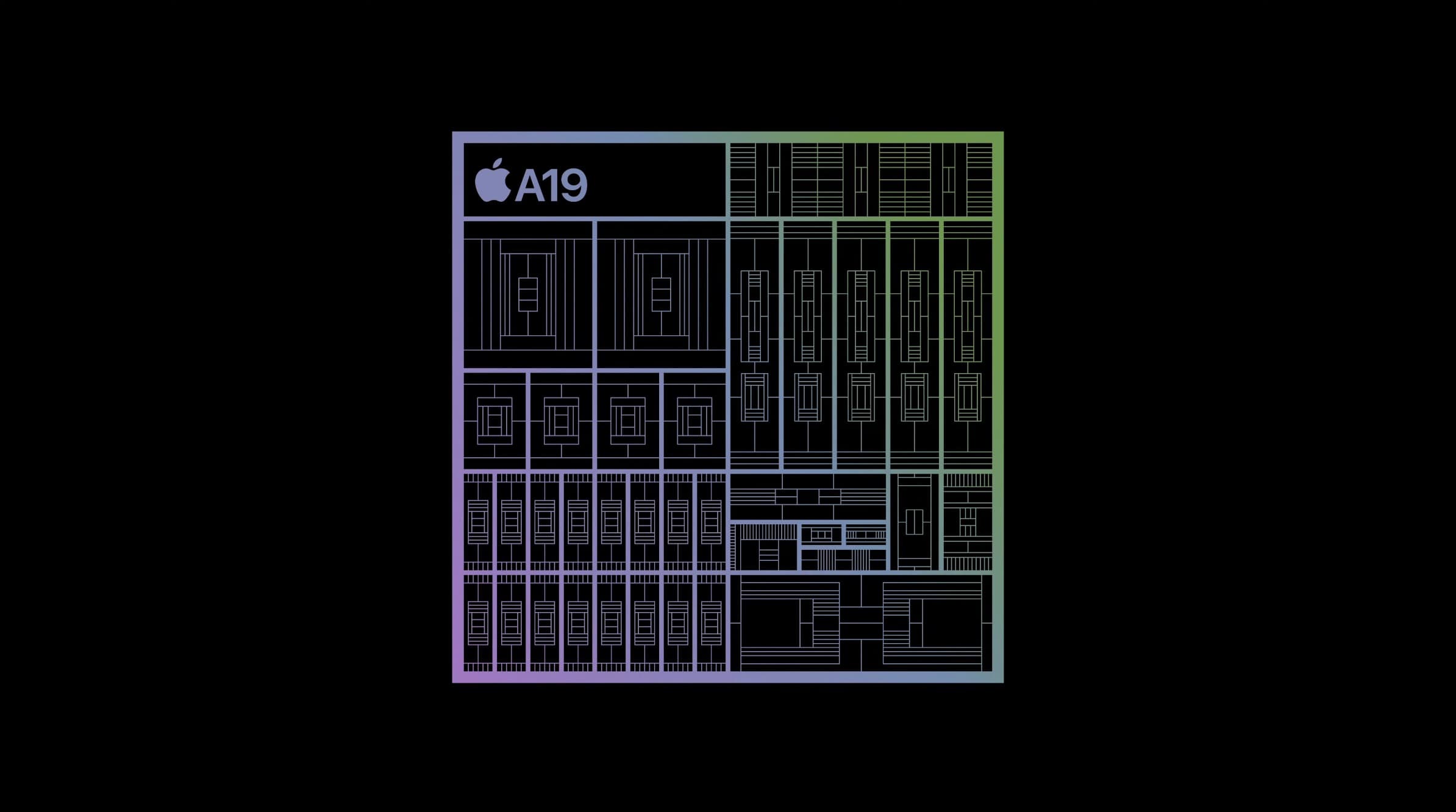 Схема мікросхеми A19 з логотипом Apple на чорному фоні